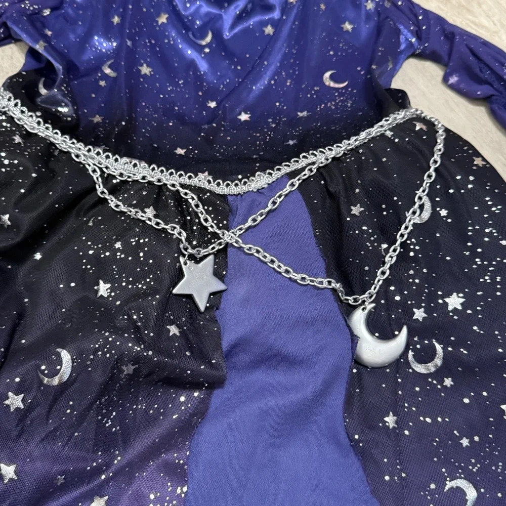 Kids Girls Star‎ Moon Witch Dress Costume with Hat Sparkle Starry Night - Picture 2 of 7